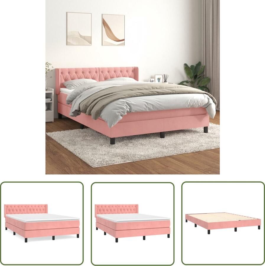 The Living Store Boxspringbed fluweel 193 x 147 x 78 88 cm pocketvering matras middelharde ondersteuning huidvriendelijk topmatras Boxspring Fluweel Bed Roze Bed Tweepersoonsbed King Size Bed