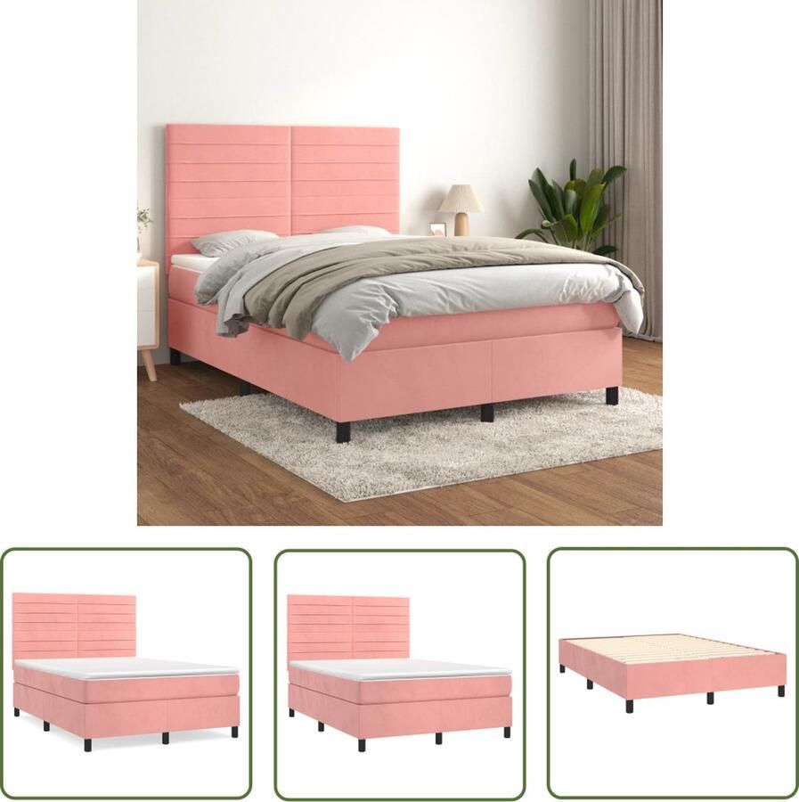 The Living Store Boxspringbed Fluweel Pocketvering Middelharde ondersteuning Huidvriendelijk Roze 203x144x118 128 cm Boxspring Fluweel Bed Velvet Bed Rooskleurig Bed Tweepersoonsbed