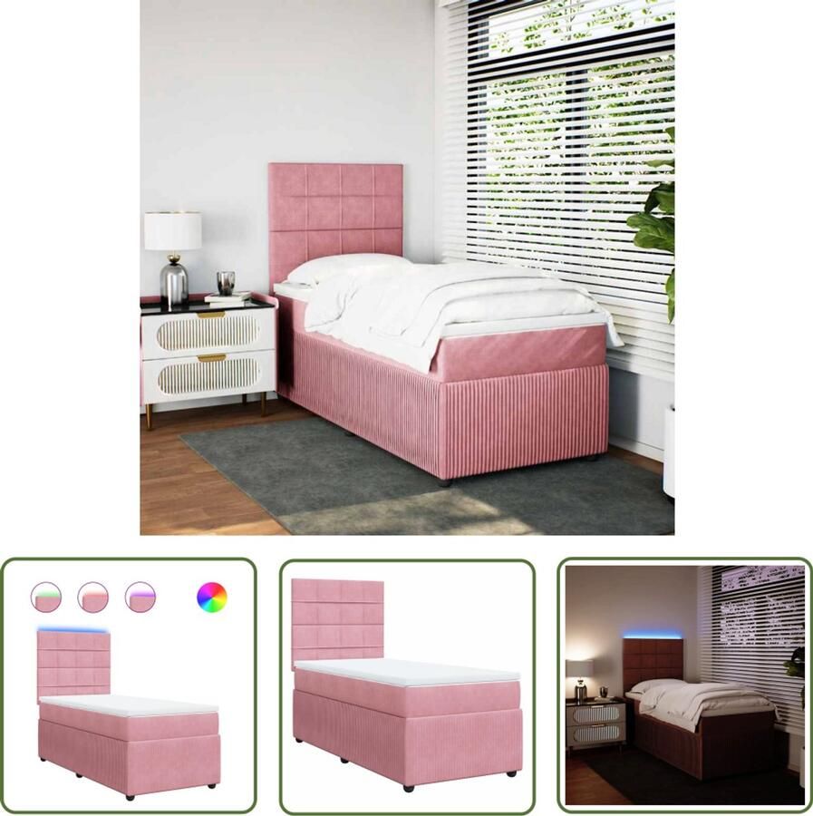 VidaXL Boxspring met matras fluweel roze 90x190 cm Boxspring Fluweel Bed Roze Bed Tweepersoons Bed Led Lamp
