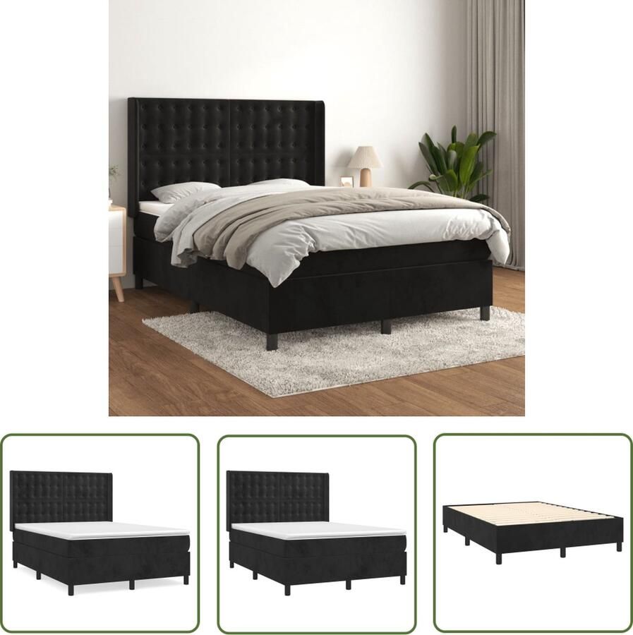 The Living Store Bed Zwart Fluweel 193x147x118 128 cm Pocketvering Matras Middelharde Ondersteuning Huidvriendelijk Topmatras Boxspring Fluweel Bed Tweepersoons Bed Zwart Bed King Size Bed