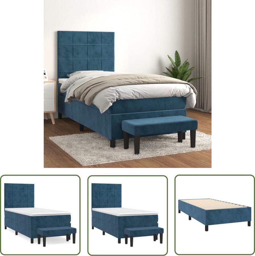 The Living Store Boxspringbed Fluweel Pocketvering Middelharde Ondersteuning Huidvriendelijk Donkerblauw 203x100x118 128cm Inclusief Matras Topmatras Multifunctioneel Bankje