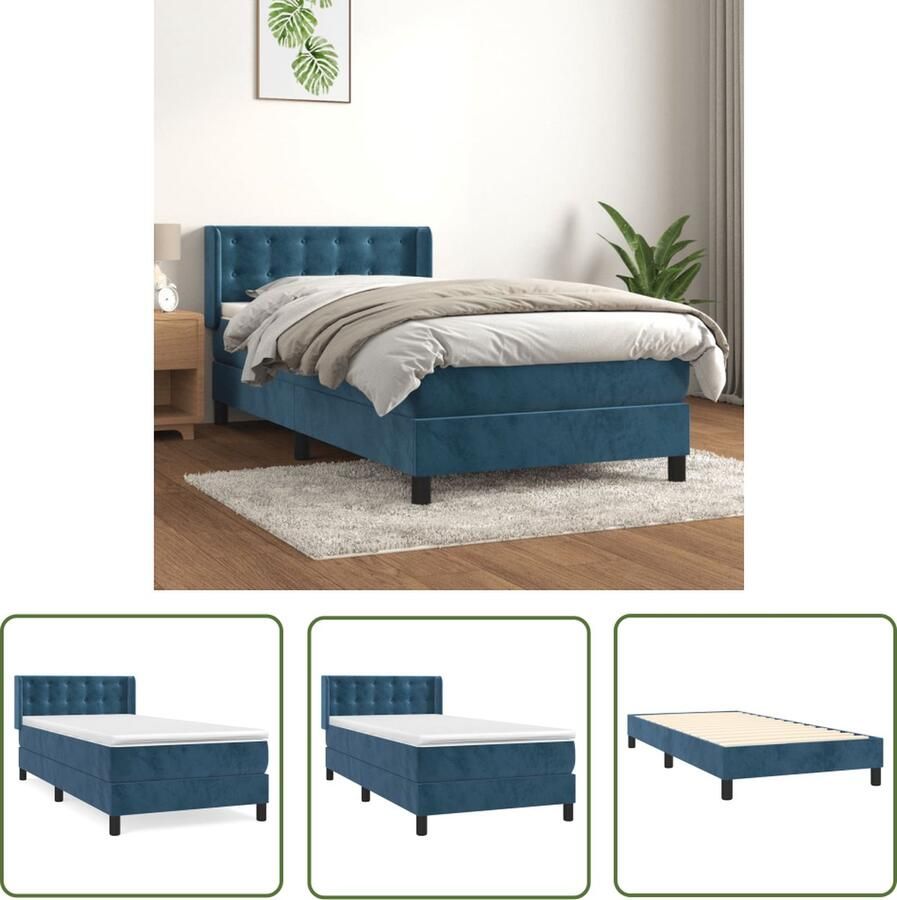 The Living Store Boxspring met matras fluweel donkerblauw 100x200 cm Boxspringbed Fluweel Bed Pocketveer Matras Middelhard Matras Donkere Blauwe Bed