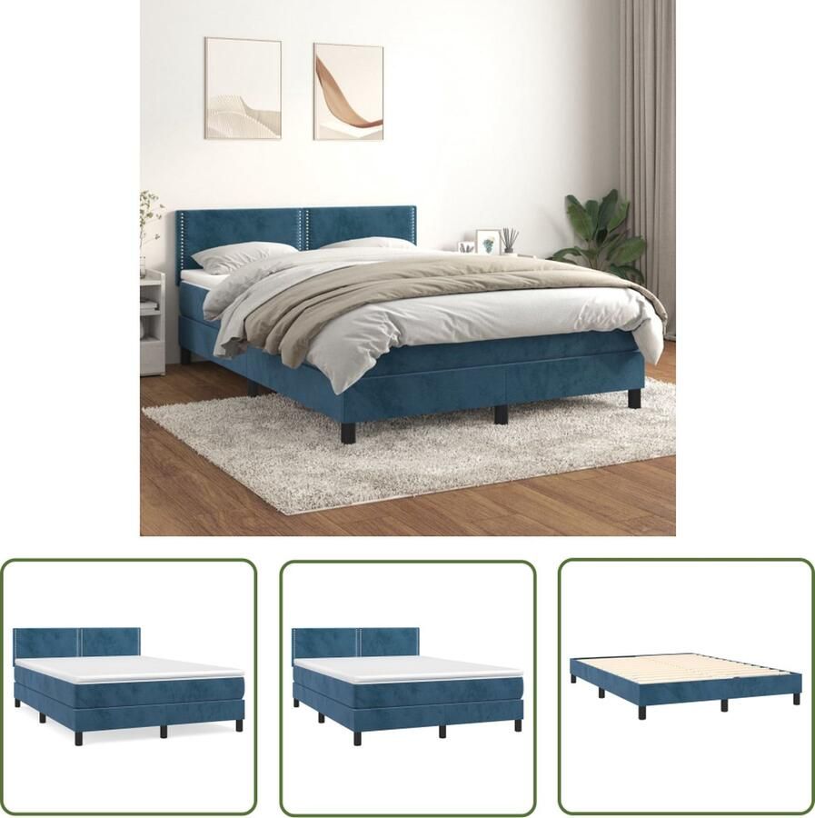 The Living Store Boxspringbed Zacht Fluweel 193 x 144 x 78 88 cm Pocketvering Matras Middelharde Ondersteuning Huidvriendelijk Topmatras Kleur- Donkerblauw Materiaal- Stof Multiplex Bewerkt hout