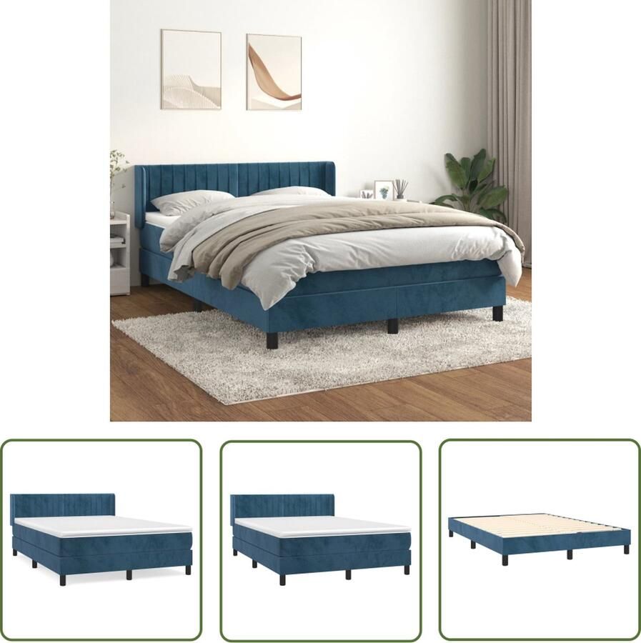 The Living Store Boxspring met matras fluweel donkerblauw 140x190 cm Boxspringbed Fluweel Bed Donkere Kleuren Bed Tweepersoons Bed Pocketveer Matras