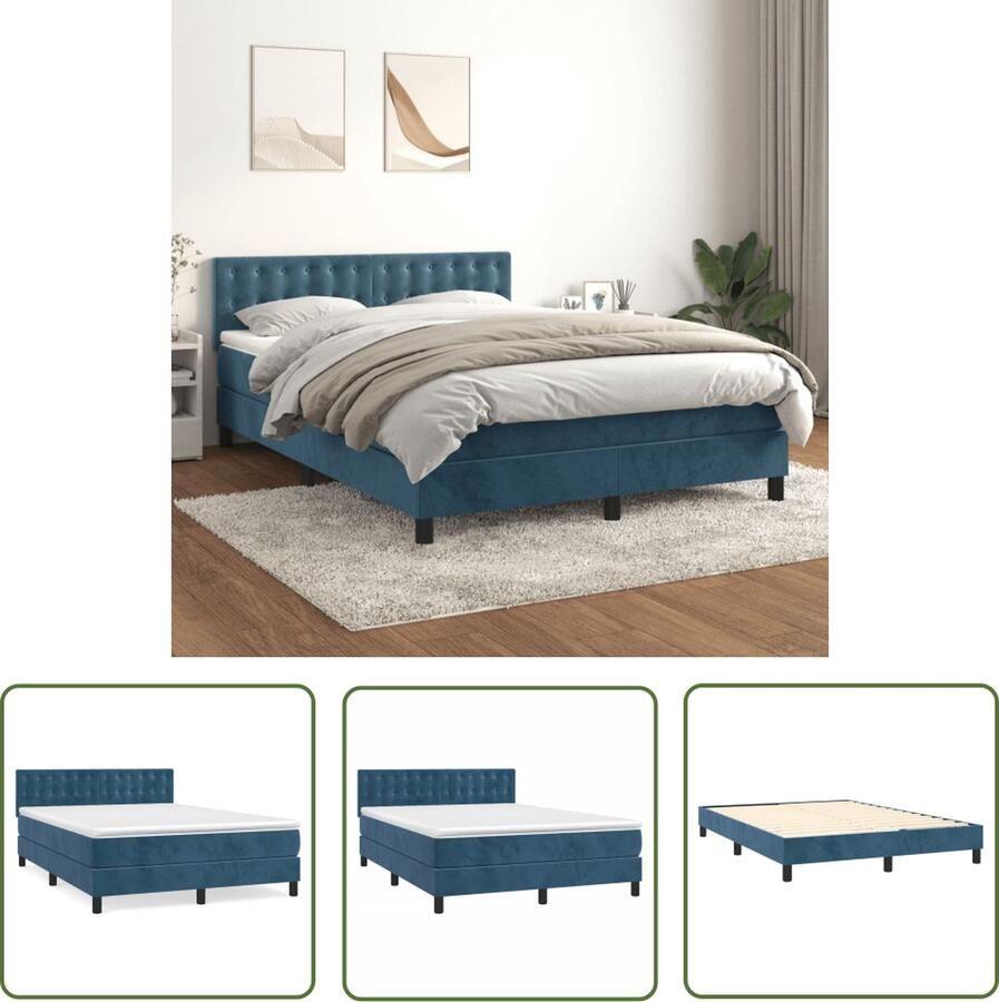 The Living Store Boxspringbed fluweel pocketvering donkerblauw 140 x 200 cm middelharde ondersteuning Boxspringbed Fluweel Bed Donkere Blauwe Bed Tweepersoons Bed Pocketveer Matras