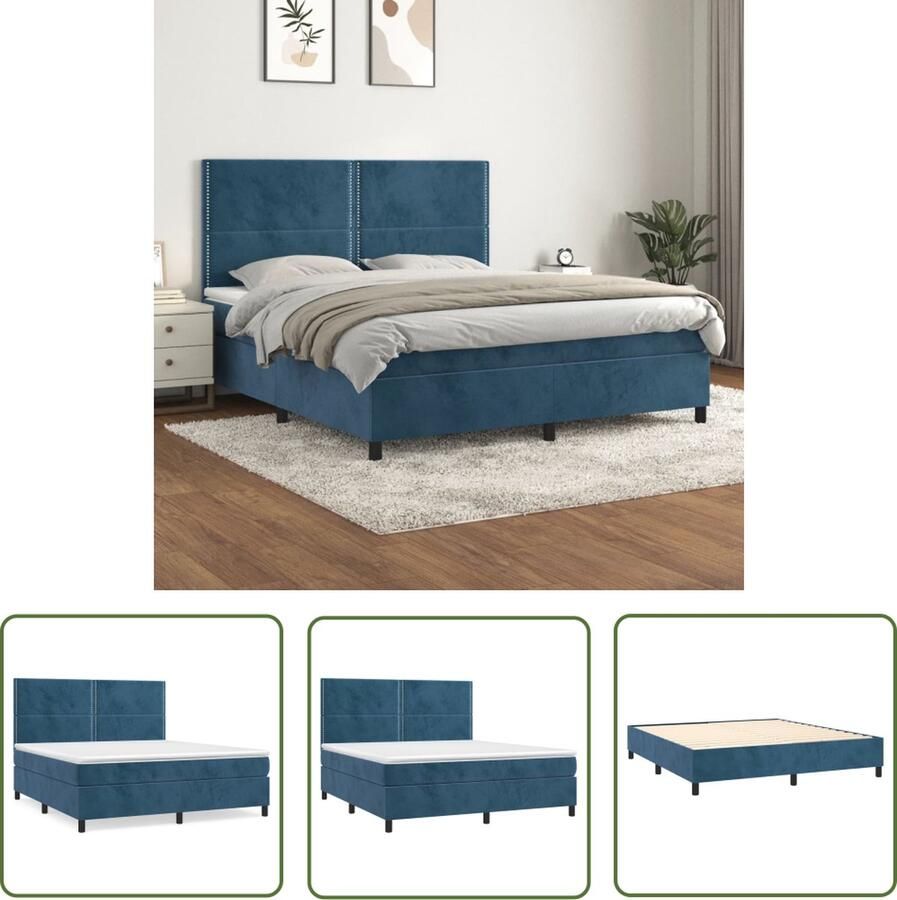 The Living Store Boxspringbed fluweel pocketvering middelharde ondersteuning huidvriendelijk donkerblauw 203x180x118 128 cm Boxspringbed Fluweel Bed Donkere Blauwe Boxspring Tweepersoons Bed Pocketveer Matras