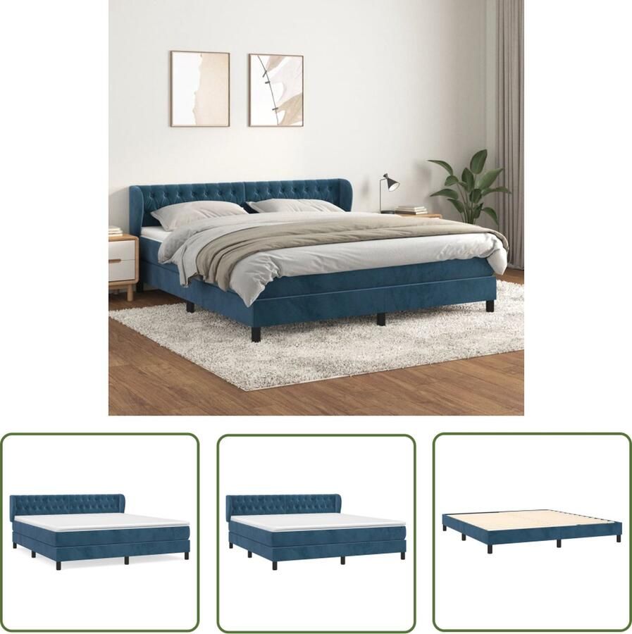 The Living Store Boxspringbed fluweel donkerblauw 203x183x78 88cm met praktisch hoofdbord pocketvering matras middelharde ondersteuning huidvriendelijk topmatras