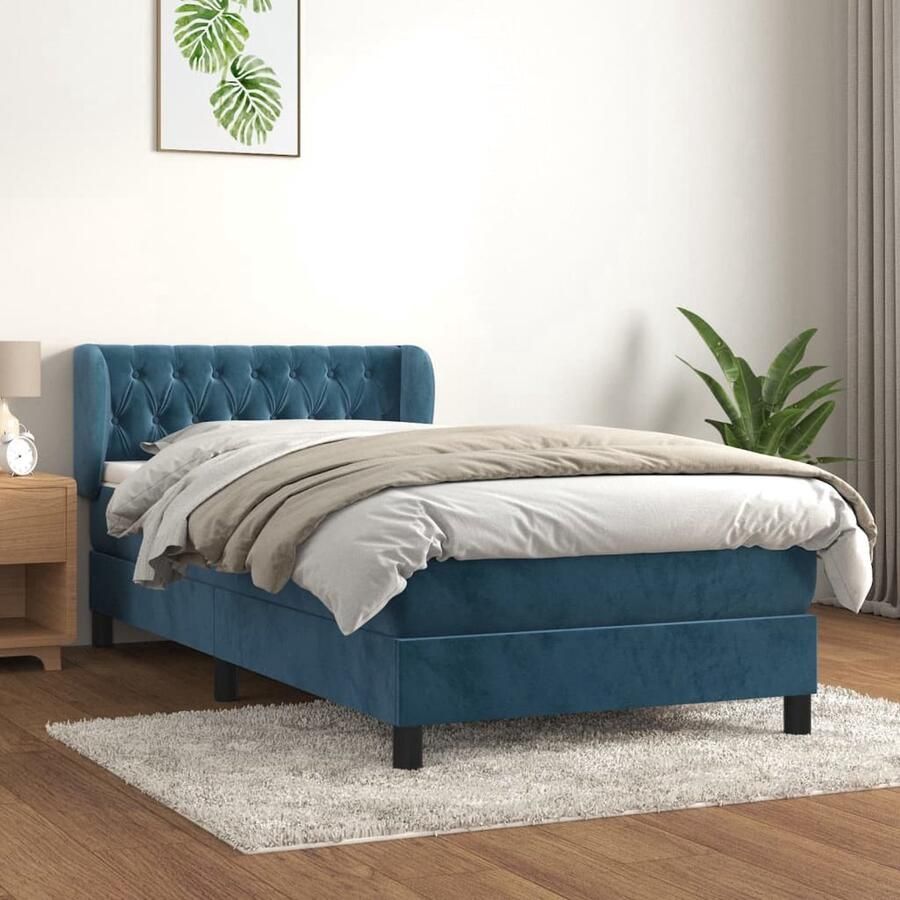 VidaXL Boxspring Fluweel Donkerblauw 90x190 cm Boxspringbed Fluweel Bed Dark Blue Bed Tweepersoons Bed Adjustable Headboard