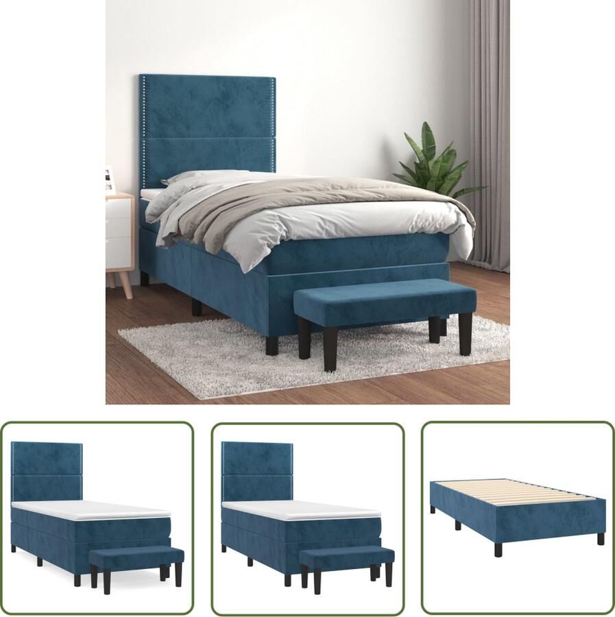 The Living Store Boxspring Bed donkerblauw 193 x 90 x 118 128 cm fluweel verstelbaar hoofdbord pocketvering matras middelharde ondersteuning huidvriendelijk topmatras multifunctioneel bankje