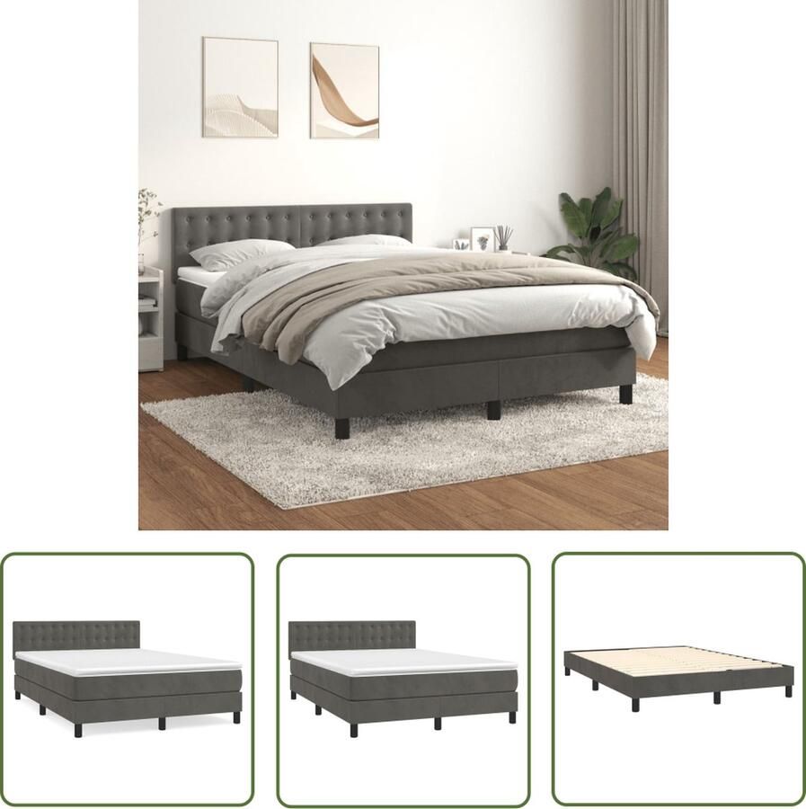 The Living Store Boxspringbed fluweel donkergrijs 203 x 144 x 78 88 cm met verstelbaar hoofdbord pocketvering matras middelharde ondersteuning huidvriendelijk topmatras incl montagehandleiding
