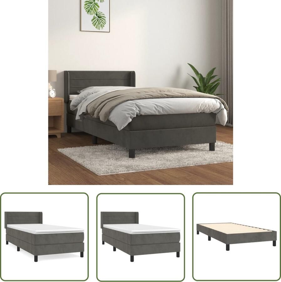 The Living Store Boxspringbed Fluwelen Fluweel Hoofdbord Verstelbaar Pocketvering Matras Middelharde Ondersteuning Huidvriendelijk Topmatras Donkergrijs 203x83x78 88cm