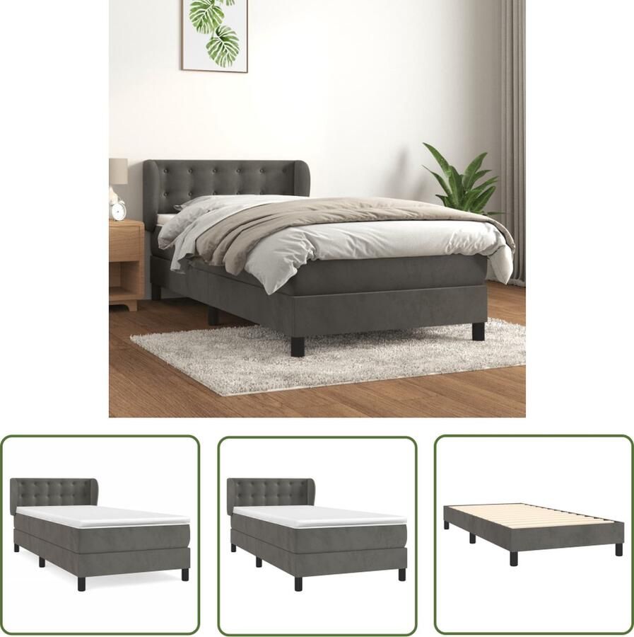 The Living Store Bedframe Donkergrijs fluweel 193x93x78 88 cm Pocketvering matras 90x190x20 cm Topmatras 90x190x5 cm Boxspring Donkere Kleuren Velvet Bed Tweepersoonsbed Stapelbare Beddengoed