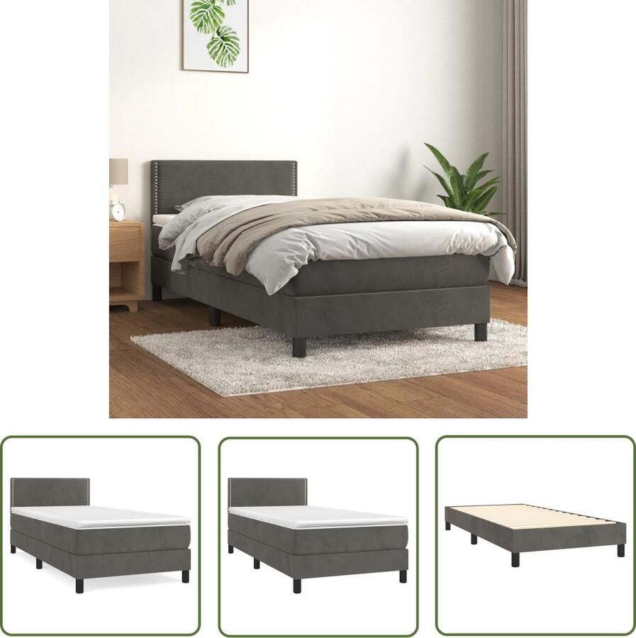The Living Store Boxspringbed Fluweel Pocketvering Middelhard 193 x 90 x 78 88 cm Donkergrijs Boxspringbed Fluweel Bed Tweepersoonsbed Donkere Kleuren Pocketveer Matras