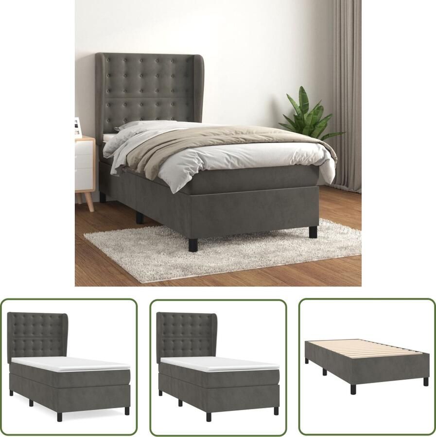 The Living Store Boxspringbed Zacht fluweel Praktisch hoofdbord Pocketvering matras Middelharde ondersteuning Huidvriendelijk topmatras Donkergrijs 193x93x118 128cm