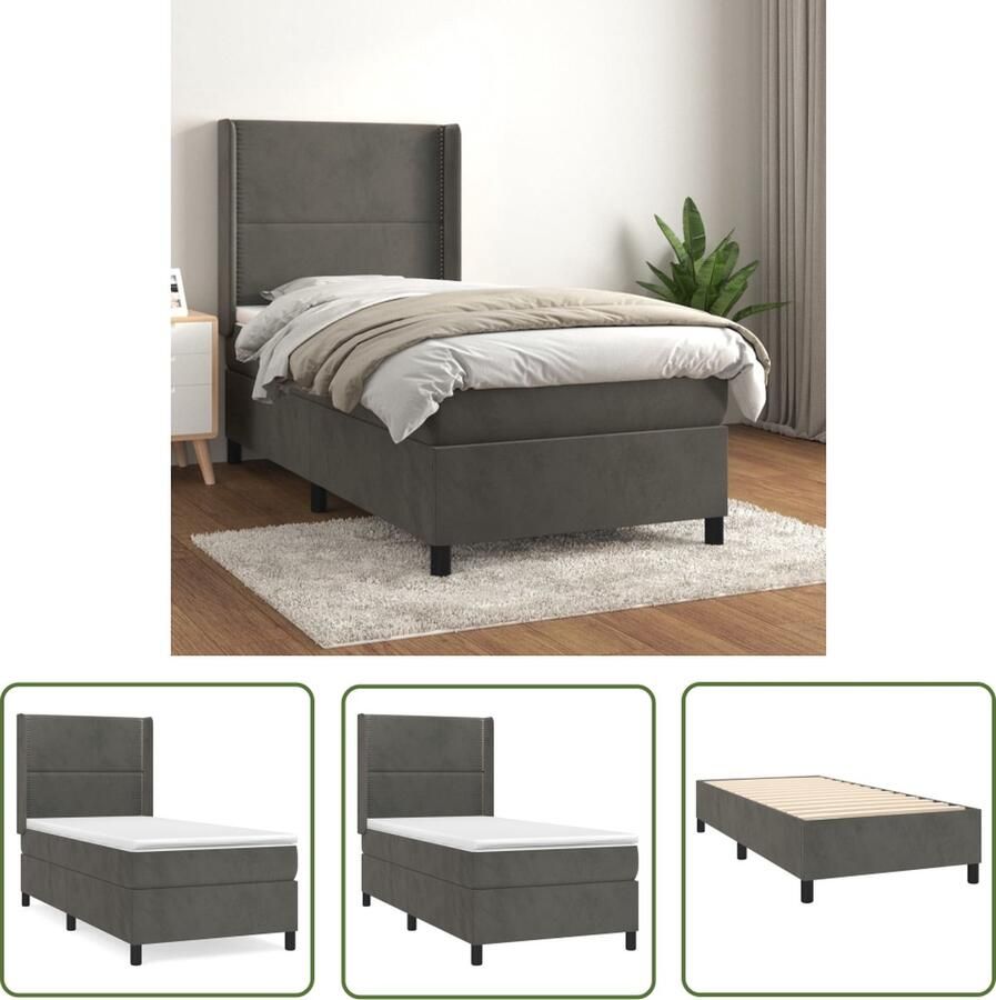 The Living Store Boxspringbed Fluweel Donkergrijs 203x93x118 128cm Pocketvering matras Middelharde ondersteuning Huidvriendelijk topmatras Boxspringbed Fluweel Bed Donkere Kleuren Bed Tweepersoons Bed Pocketveer Matras