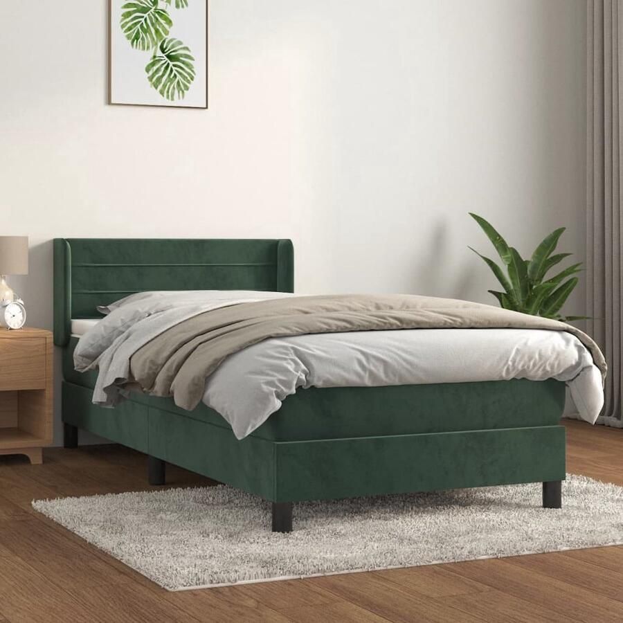 The Living Store Boxspring met matras fluweel donkergroen 100x200 cm Boxspringbed Fluweel Bed Donkere Groene Bed Slaapcomfort Boxspring