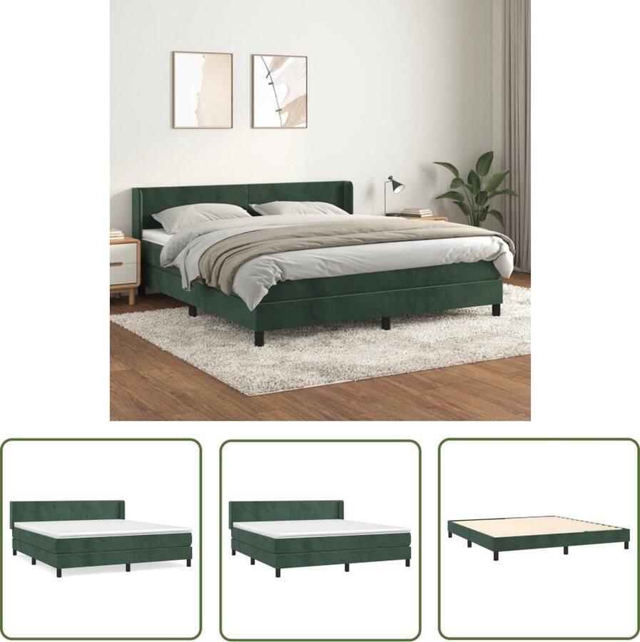 The Living Store Boxspring met matras fluweel donkergroen 160x200 cm Boxspringbed Fluweel Bed Donkere Groene Bed Tweepersoons Bed King Size Bed