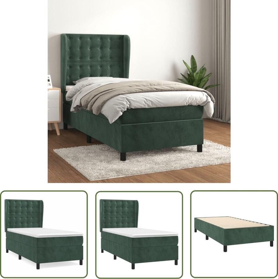 The Living Store Boxspring met matras fluweel donkergroen 90x200 cm Boxspringbed Fluweel Bed Donkere Groene Bed Tweepersoons Bed King Size Bed