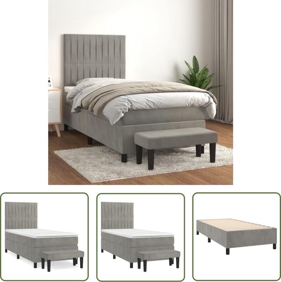 The Living Store Boxspringbed Fluweel Pocketvering Middelharde ondersteuning Huidvriendelijk topmatras Lichtgrijs 203 x 100 x 118 128 cm Boxspringbed Fluweel Bed Pocketveer Matras Middelhard Matras Hoofdbord