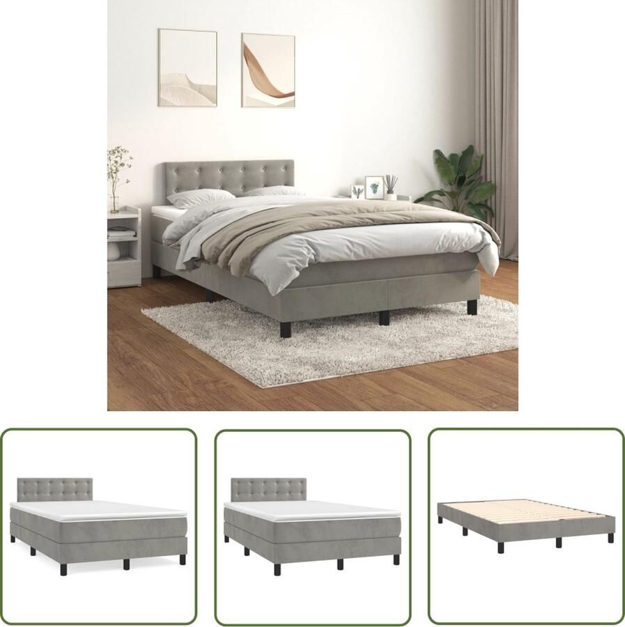 The Living Store Boxspringbed Fluwelen stof Verstelbaar hoofdbord Pocketvering matras Middelharde ondersteuning Huidvriendelijk topmatras Lichtgrijs 203x120x78 88 cm