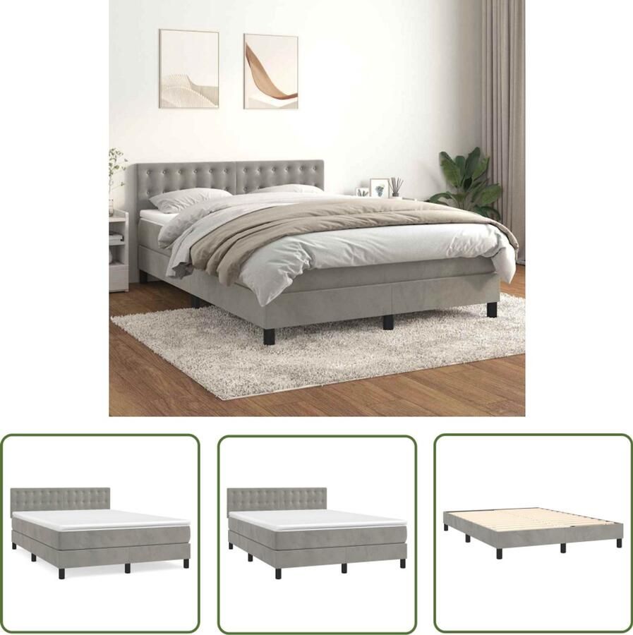 The Living Store Boxspringbed Fluwelen stof Verstelbaar hoofdbord Pocketvering matras Middelharde ondersteuning Huidvriendelijk topmatras Lichtgrijs 203x144x78 88cm 100% polyester