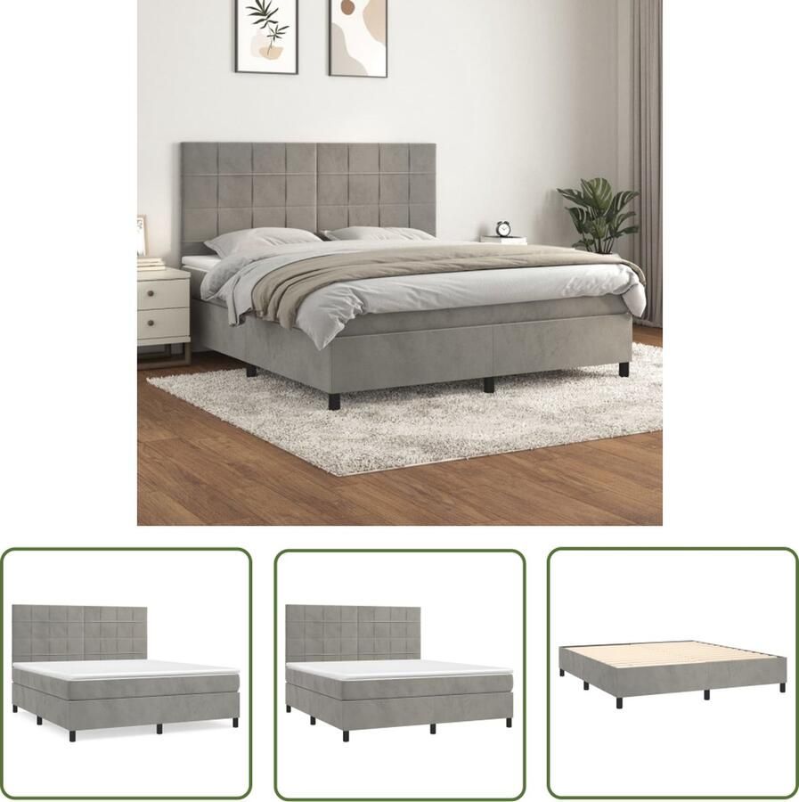 The Living Store Boxspringbed Zacht fluweel Praktisch hoofdbord Pocketvering matras Middelharde ondersteuning Huidvriendelijk topmatras Kleur- lichtgrijs Boxspringbed Fluweel Bed Boxspring Tweepersoonsbed King Size Bed