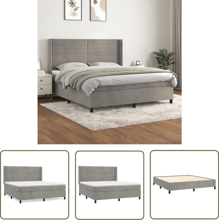 The Living Store Boxspringbed Fluweel Pocketvering Middelharde ondersteuning Huidvriendelijk Lichtgrijs 203x183x118 128 180x200x20 180x200x5 Boxspringbed Fluweel Bed Velvet Bed Tweepersoonsbed King Size Bed