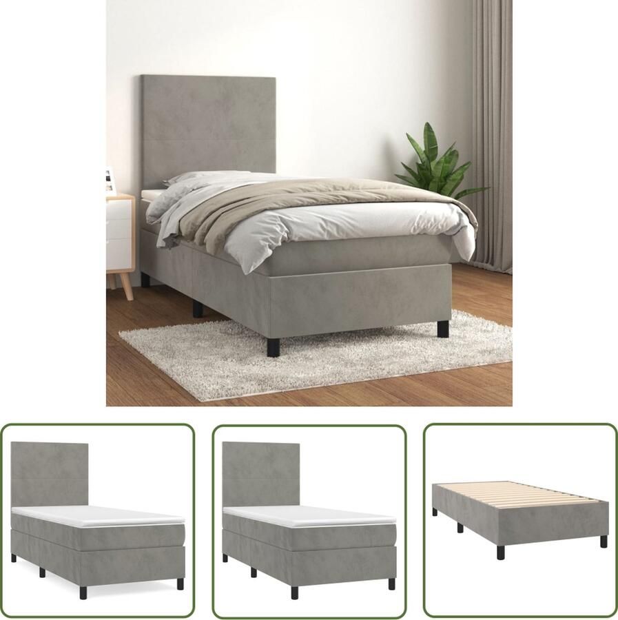 The Living Store Boxspring met matras fluweel lichtgrijs 80x200 cm Boxspringbed Fluweel Bed Hoofdbord Bed Pocketveer Matras Middelhard Matras