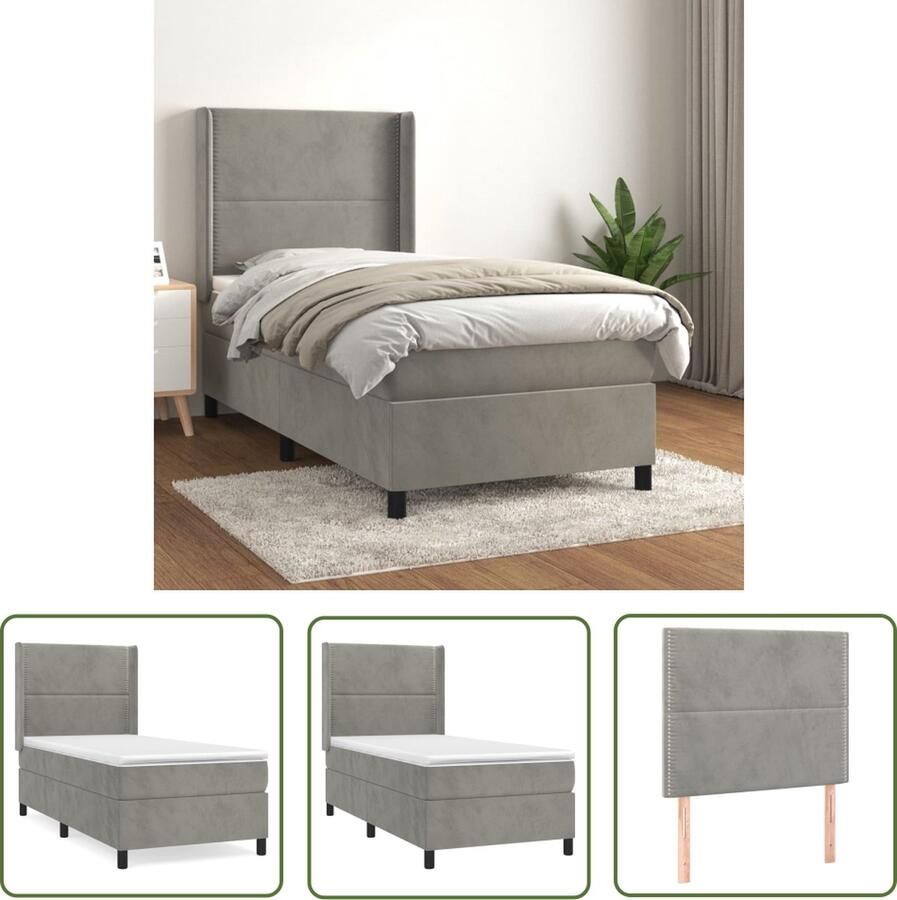 The Living Store Boxspringbed Zacht fluweel Praktisch hoofdbord Pocketvering matras Middelharde ondersteuning Huidvriendelijk topmatras Lichtgrijs 193 x 93 cm Boxspringbed Fluweel Bed Boxspring Tweepersoonsbed King Size Bed - Foto 2