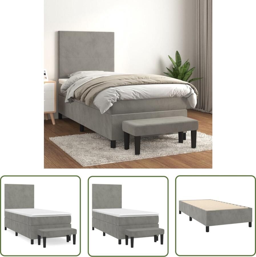 The Living Store Boxspringbed Fluweel Pocketvering Middelharde steun Huidvriendelijk topmatras Multifunctioneel bankje Lichtgrijs 193 x 90 x 118 128 cm Boxspringbed Fluweel Bed Pocketveer Matras Middenhard Matras Hoofdbord
