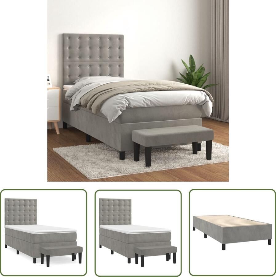 The Living Store boxspringbed Lichtgrijs fluweel pocketvering middelharde ondersteuning huidvriendelijk topmatras multifunctioneel bankje Boxspringbed Boxspring Tweepersoonsbed Fluweel Bed Grijs Bed