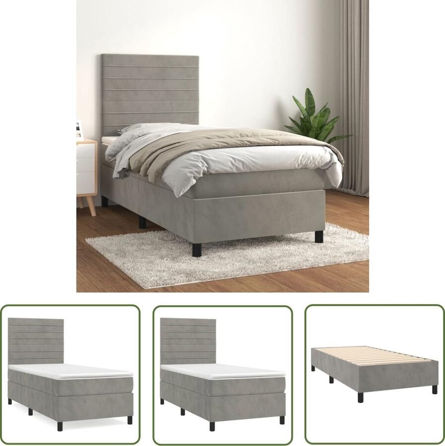 The Living Store Boxspringbed Fluweel Pocketvering Middelharde ondersteuning Lichtgrijs 193x90x118 128 cm Boxspringbed Fluweel Bed Tweepersoonsbed Middenhard Matras Grijs Bed