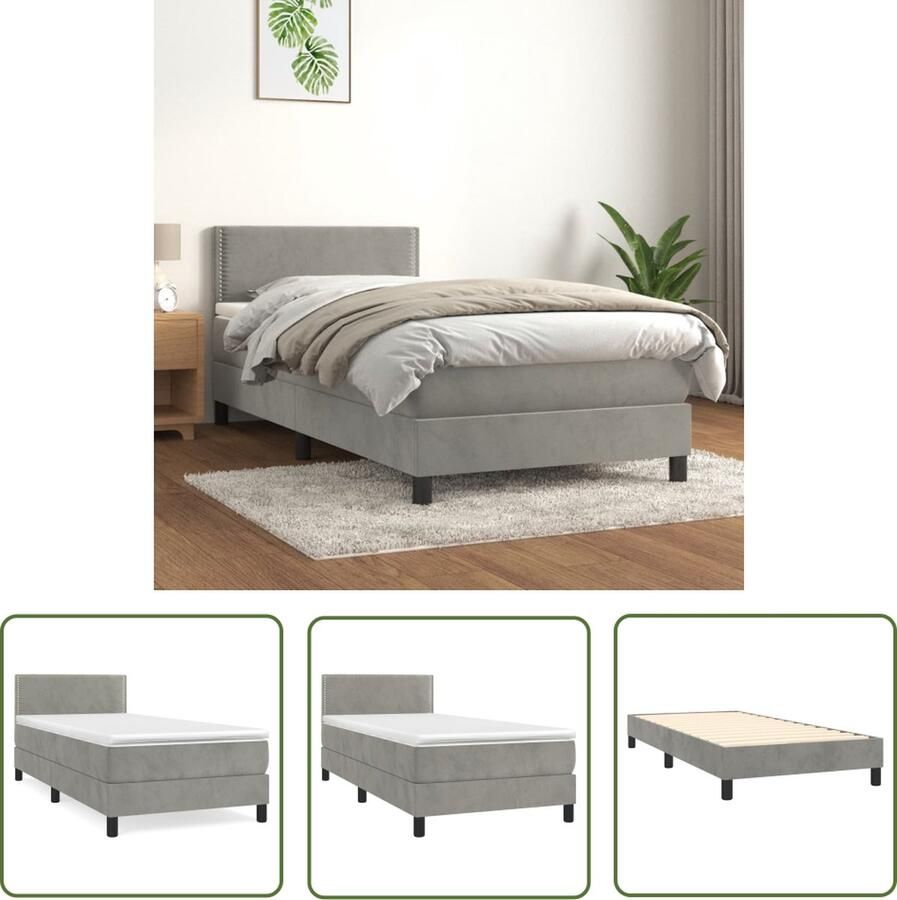 The Living Store Boxspringbed Zacht fluweel Praktisch hoofdbord Pocketvering matras Middelharde ondersteuning Huidvriendelijk topmatras Lichtgrijs 203x90x78 88cm