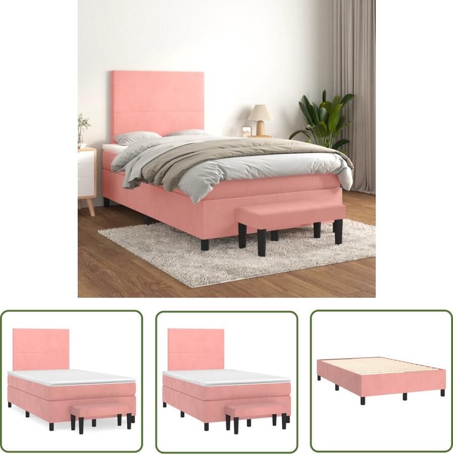 The Living Store Boxspringbed Fluweel Pocketvering Middelharde ondersteuning Huidvriendelijk topmatras Inclusief bankje Roze 203x120x118 128cm Boxspringbed Fluweel Bed Velvet Bed Tweepersoonsbed Pocketed Spring Mattress