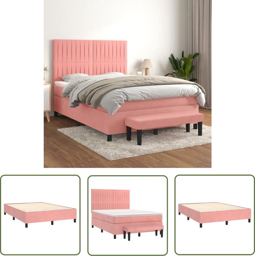 The Living Store Bed Roze Fluweel Boxspring 140x190 Verstelbaar Hoofdbord Pocketvering Matras Middelharde Ondersteuning Huidvriendelijk Topmatras Multifunctioneel Bankje