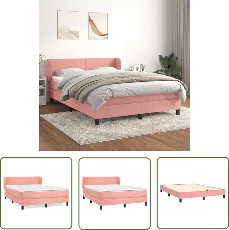 The Living Store Boxspringbed Roze fluwelen bed met verstelbaar hoofdbord Pocketvering matras Middelharde ondersteuning Huidvriendelijk topmatras 203x147x78 88cm