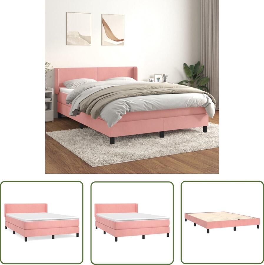 The Living Store Boxspringbed Fluwelen Stof Hoofdbord Verstelbaar Pocketvering Matras Middelharde Ondersteuning Huidvriendelijk Topmatras Roze 193 x 147 x 78 88 cm