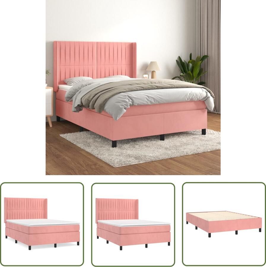 The Living Store Boxspringbed fluweel roze 203 x 147 x 118 128 cm pocketvering Boxspringbed Fluweel Bed Roze Bed Tweepersoons Bed Boxspring Frame