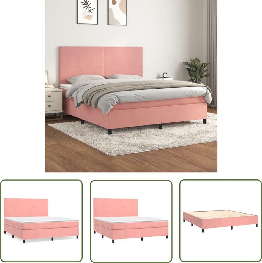 The Living Store Boxspringbed Fluweel Pocketvering Middelharde ondersteuning Roze 203x160x118 128cm Inclusief matras en topmatras Boxspringbed Fluweel Bed Velvet Bed Tweepersoons Bed Rosé Bed