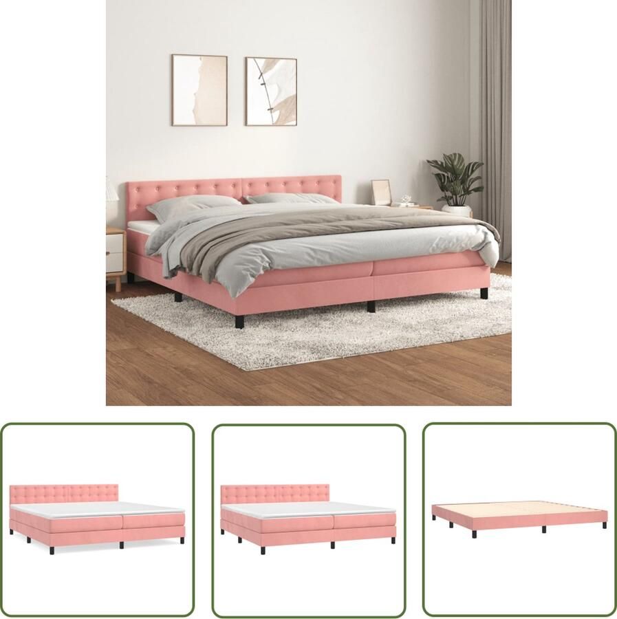 The Living Store Boxspringbed Fluweel Pocketvering Middelharde ondersteuning Huidvriendelijk Roze 203x200x78 88cm 100x200x20cm (x2) 200x200x5cm Boxspringbed Fluweel Bed Pocketveer Matras Middelhard Matras Roze Bed