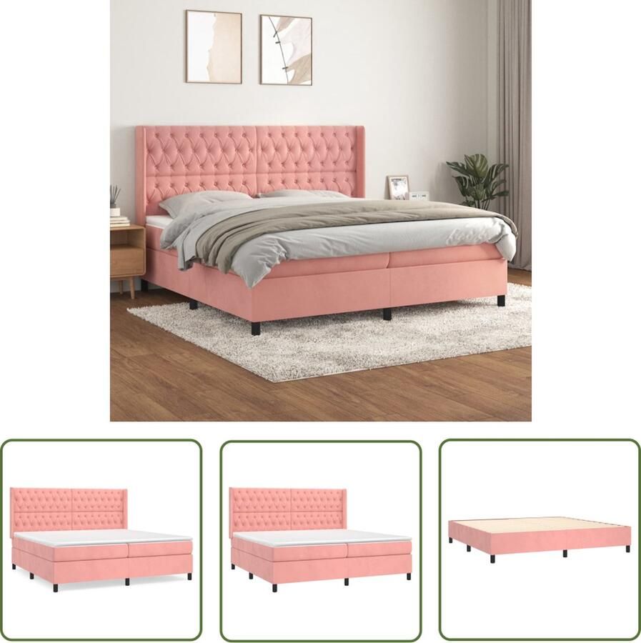 The Living Store Boxspringbed Fluweel 203 x 203 cm Zacht fluweel Praktisch hoofdbord Pocketvering matras Middelharde ondersteuning Huidvriendelijk topmatras Boxspringbed Fluweel Bed Roze Bed Tweepersoons Bed King Size Bed - Foto 2