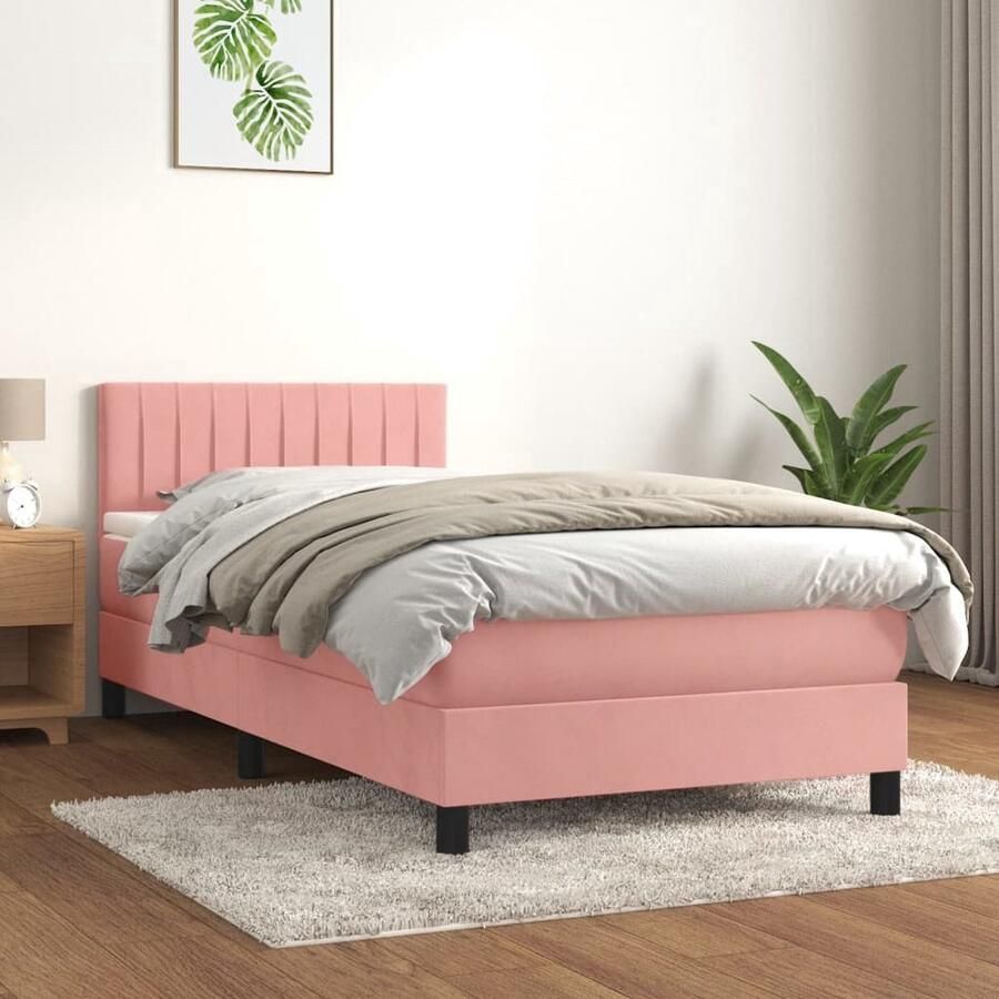 The Living Store Boxspringbed Roze Fluwelen Stof Verstelbaar Hoofdbord Pocketvering Middelharde Ondersteuning Huidvriendelijk Inclusief Matras en Topmatras 203 x 80 x 78 88 cm