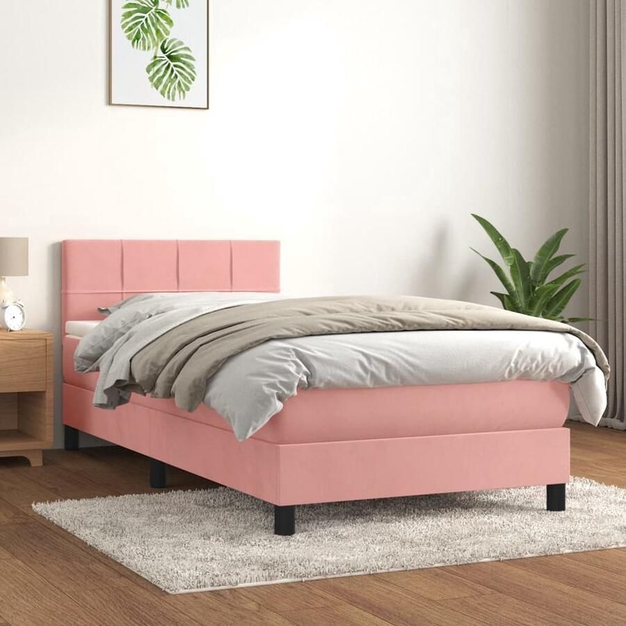 The Living Store Boxspringbed Fluweel Pocketvering Middelhard Roze 203x80x78 88 cm Inclusief Matras en Topmatras Boxspringbed Fluweel Bed Velvet Bed Tweepersoonsbed Rosé Bed