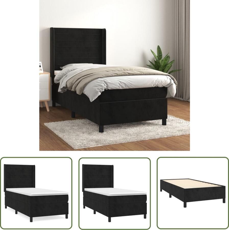 The Living Store Boxspringbed Zwarte fluwelen stof 203 x 103 x 118 128 cm Pocketvering matras Middelharde ondersteuning Huidvriendelijk topmatras Boxspringbed Fluweel Bed Boxspring Tweepersoonsbed Zware Boxspring