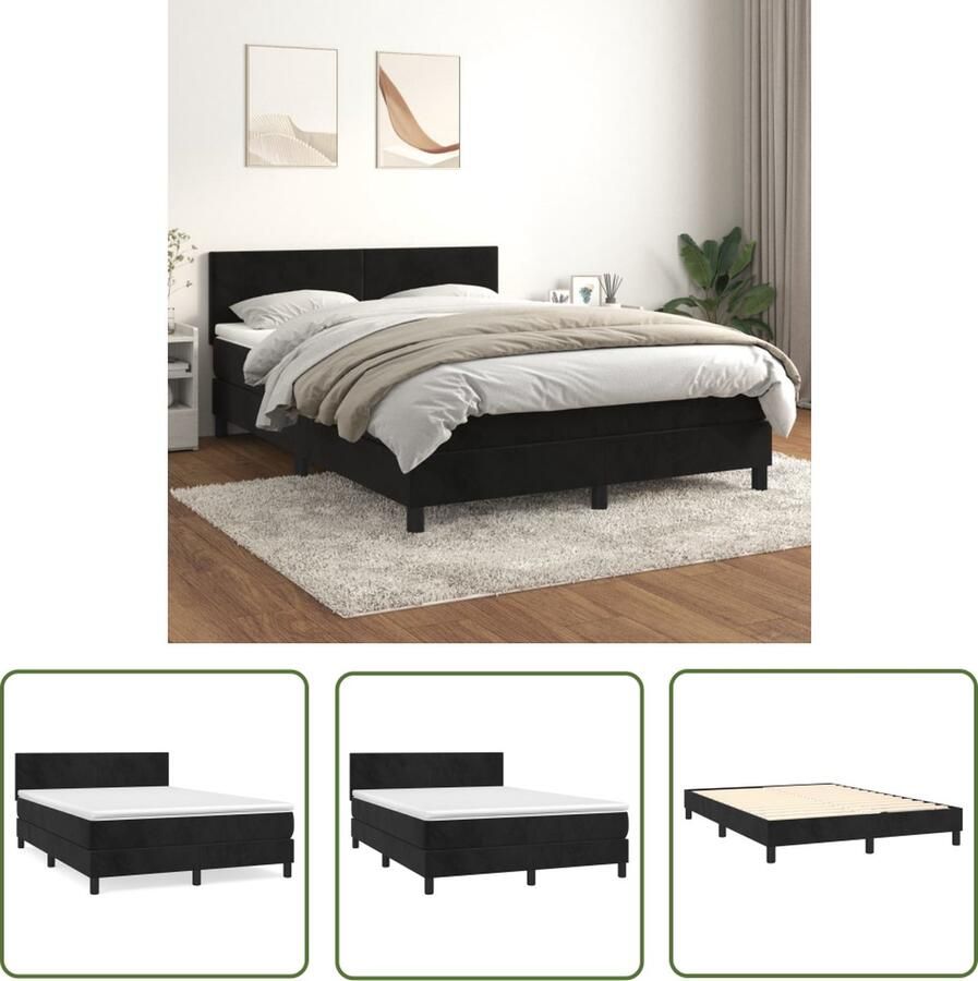 The Living Store Boxspringbed fluweel middelharde ondersteuning bedframe 203 x 144 x 78 88 cm matras 140 x 200 x 20 cm topmatras 140 x 200 x 5 cm zwart wit Boxspringbed Fluweel Bed Tweepersoons Bed Middenhard Matras Slaapcomfort