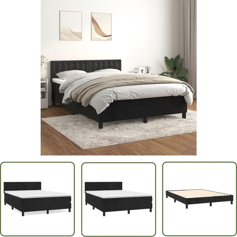 The Living Store Boxspringbed Zacht fluweel Praktisch hoofdbord Pocketvering matras Middelharde ondersteuning Huidvriendelijk topmatras Zwart 203 x 144 x 78 88 cm