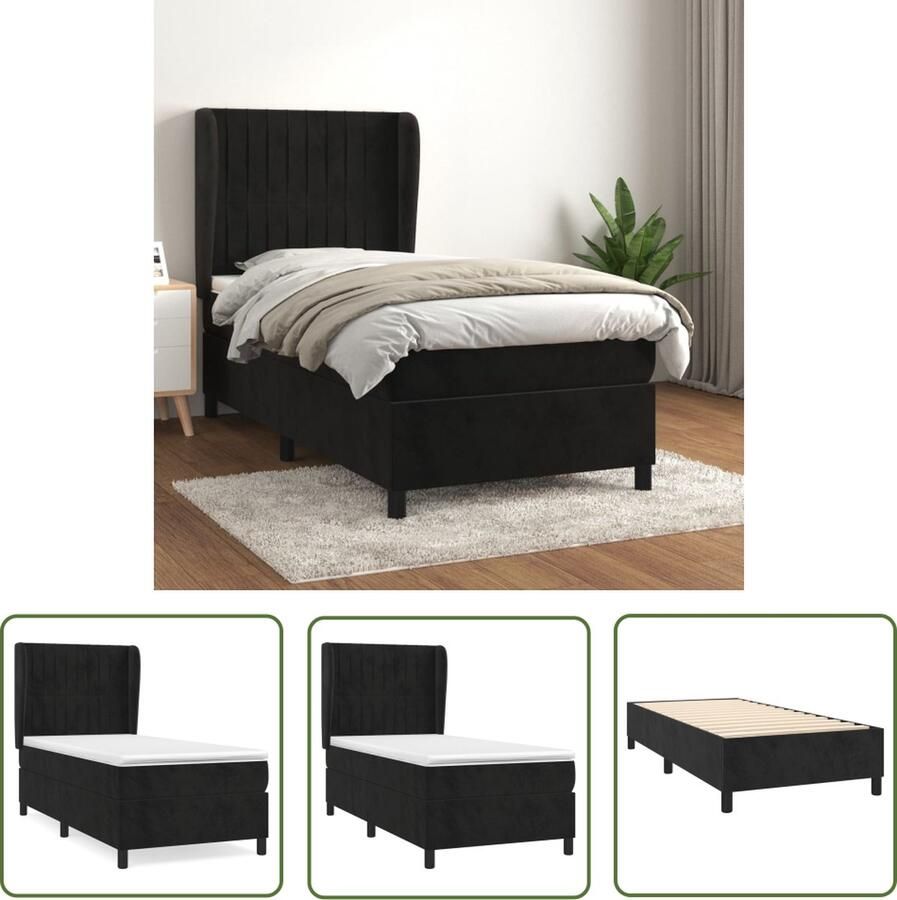 The Living Store Boxspringbed Zwart fluweel 203 x 83 x 118 128 cm Pocketvering en schuim Inclusief matras en topmatras Boxspringbed Fluweel Bed Zwarte Boxspring Tweepersoons Bed King Size Bed