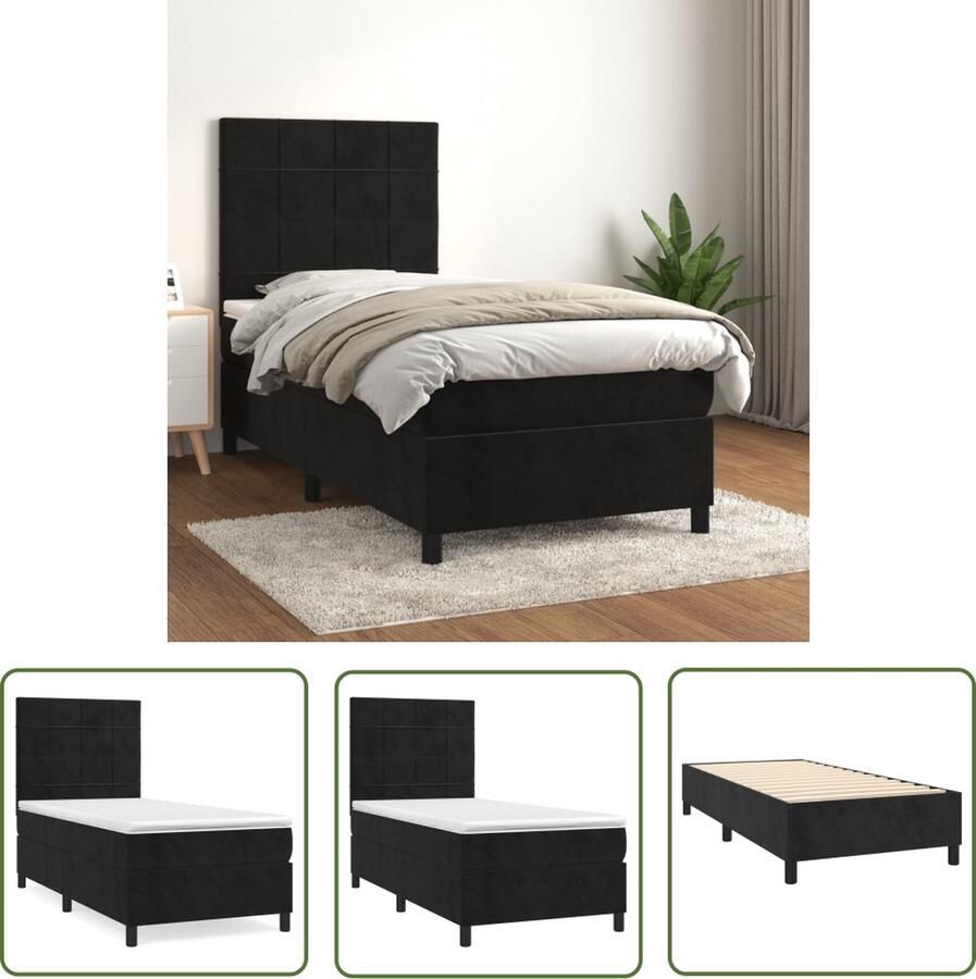 The Living Store Boxspringbed Zwart Fluweel Pocketvering Middelharde ondersteuning Huidvriendelijk Boxspringbed Fluweel Bed Zwarte Boxspring Tweepersoons Bed Pocketveer Matras