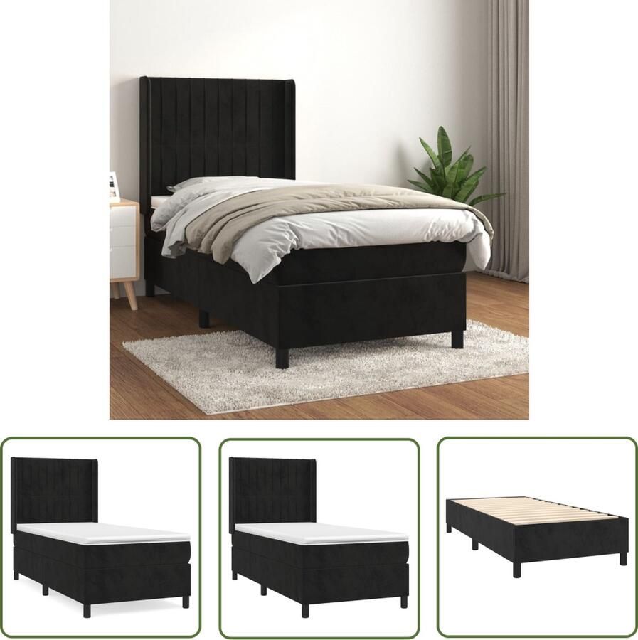 The Living Store Boxspringbed Zachte fluwelen stof Verstelbaar hoofdbord Pocketvering matras Middelharde ondersteuning Huidvriendelijk topmatras Kleur- zwart Afmetingen- 203 x 93 x 118 128 cm