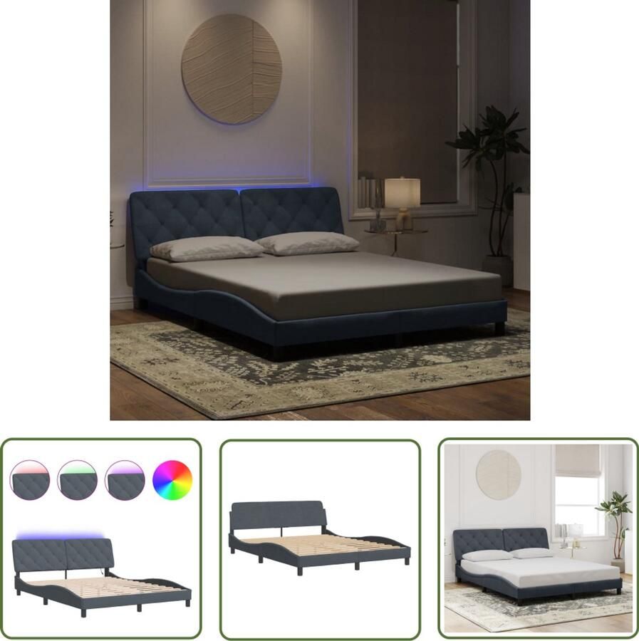 VidaXL Fluweel Bed Comfortabel Bed Frame Bedframe met LED zonder matras fluweel donkergrijs 160x200 cm Grijs Bed Led Bed Frame Modern Bed Frame